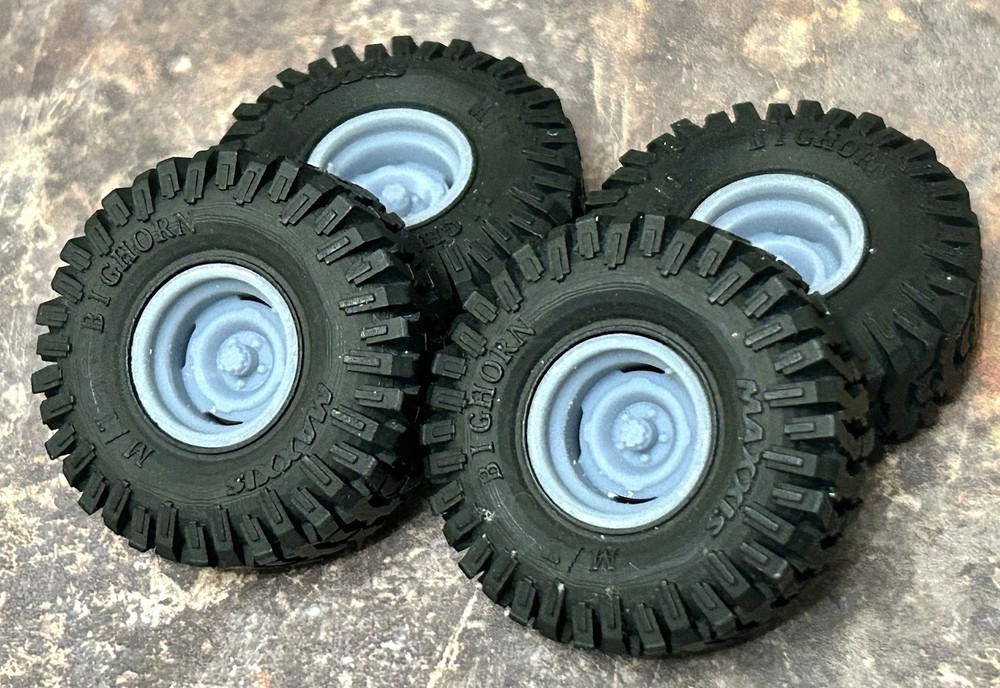 1/24 Scale: 15-Inch “4-slot Steelie” Wheels W/ Huge 35-inch Mud Tires. Resin