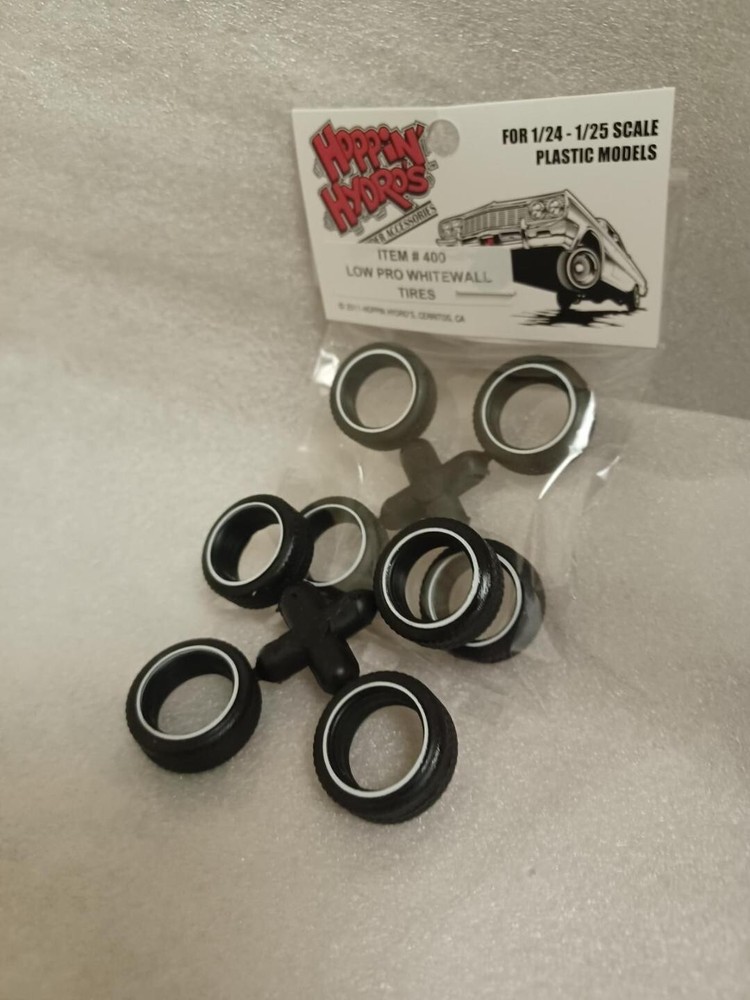 1 set of 4 Tires 1/24 Scale LOW PROFILE Hoppin Hydros Lowrider Whitewall Tires