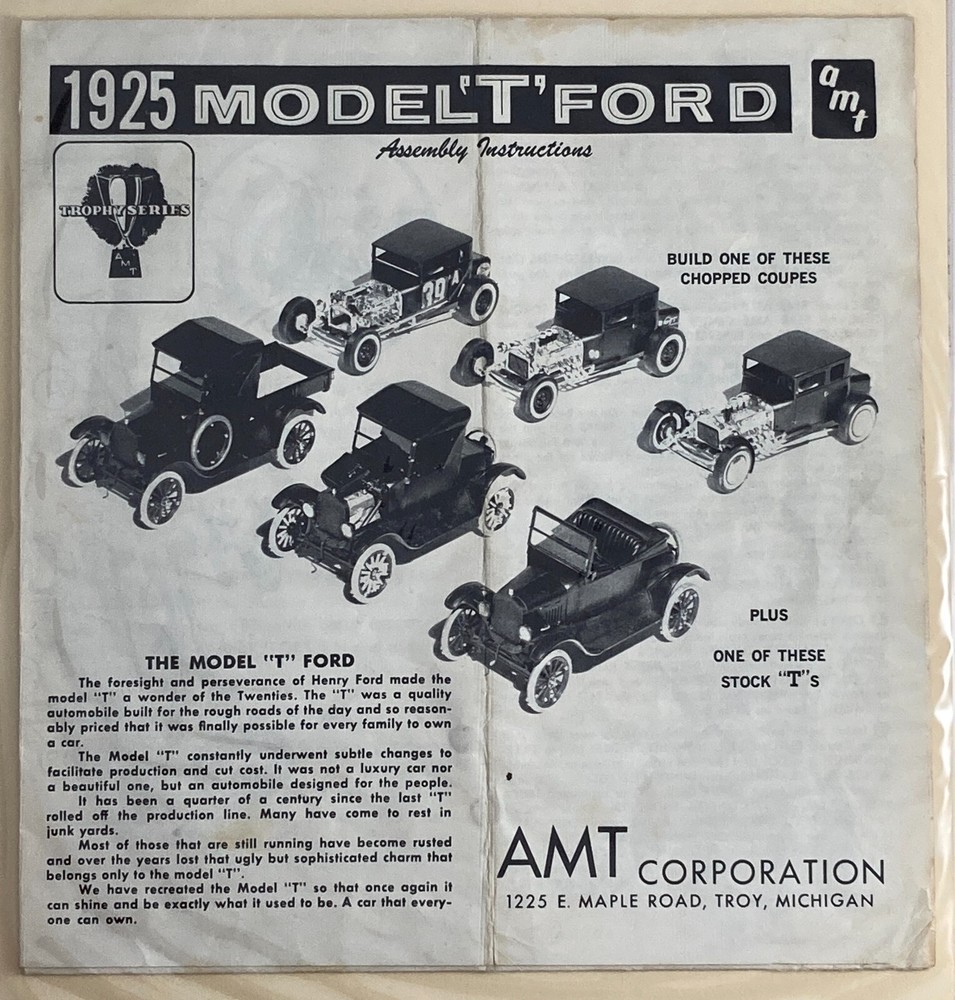 1925 Model ‘T’ Ford AMT – Model Original Assembly Instruction Sheet Guide Only
