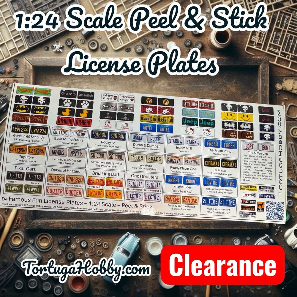 Clearance – Famous License Plates – Peel & Stick Decals – 1:24 Scale – Models