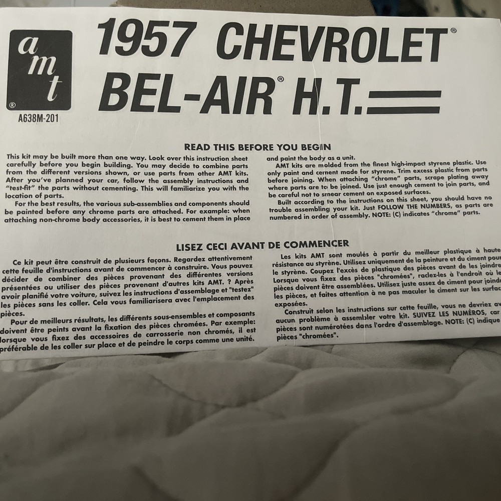 AMT 1/25 1957 Chevy Bel Air Instruction Booklet Only New & Un-opened See Photos