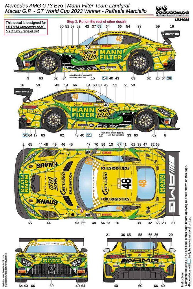 LB Pro 1/24 Mercedes AMG GT3 Evo. GT Macau GP 2023 Full Sponsor Decal JP 11689