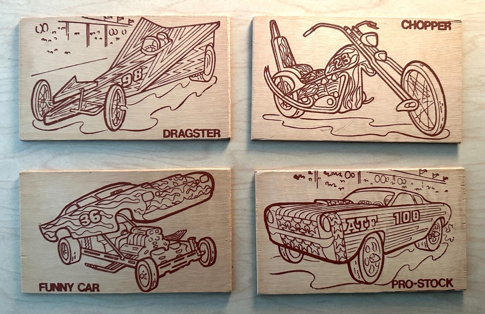 VINTAGE WOOD BURNING TEMPLATES (4) 1970s Hot Rod Racing Chopper RARE