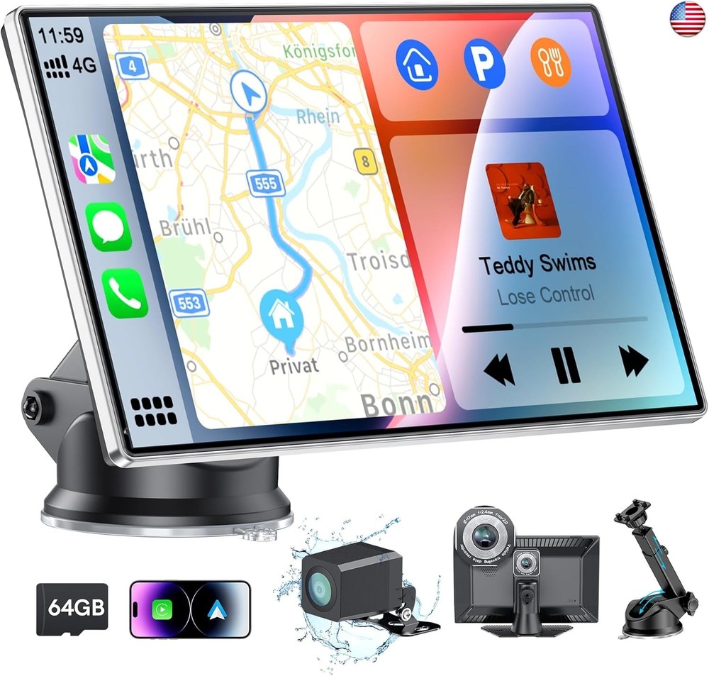 9″ Portable CarPlay Screen for Car, CooCom UHD Car Stereo with Touch Screen