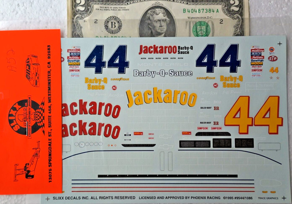 SLIXX 1/24 Water Decals NASCAR #44 JACKAROO Barby-Q-Sauce Barbecue Sauce So Fun