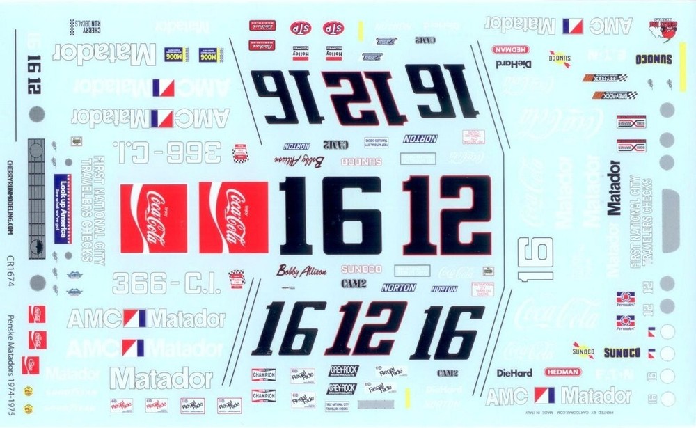 Cherry Run #12/#16 Penske Matador Bobby Allison 1/25 Nascar decal