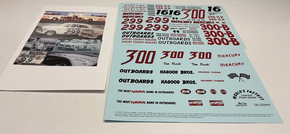 Unbranded Decals 1:24-1:25 Scale 1956 Tim Flock Hagood Bros Chrysler 300