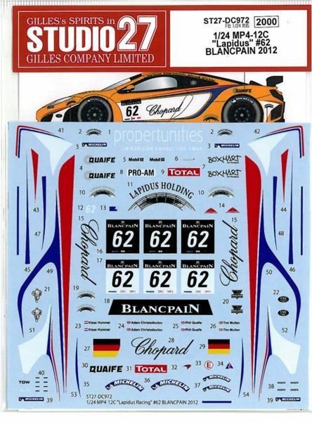 STUDIO27 1/24 MP4-12C Lapidus #62 BLANCPAIN 2012 for Fujimi DC972 Decal New F/S