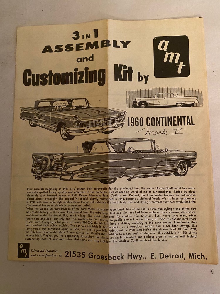 Vintage Annual AMT 1960 Lincoln Continental Ht Model Kit Instructions Sheet Only