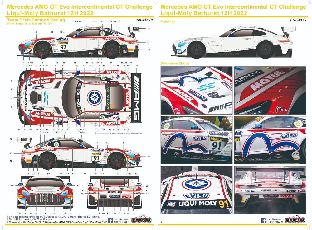 S.K. Decals SK24170 1:24 Mercedes AMG GT Evo IGTC Bathurst 12H 2022 Decal Sheet