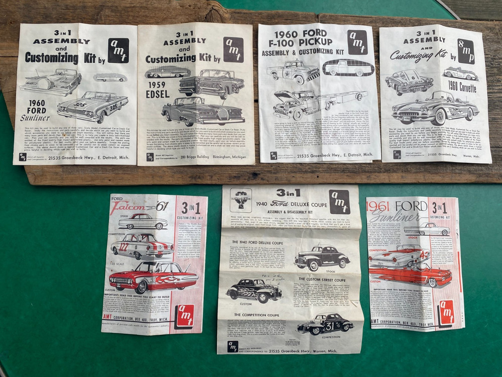 SET OF 7 VINTAGE ORIGINAL INSTRUCTIONS FROM AMT 3 in 1 CUSTOMIZING MODEL KITS