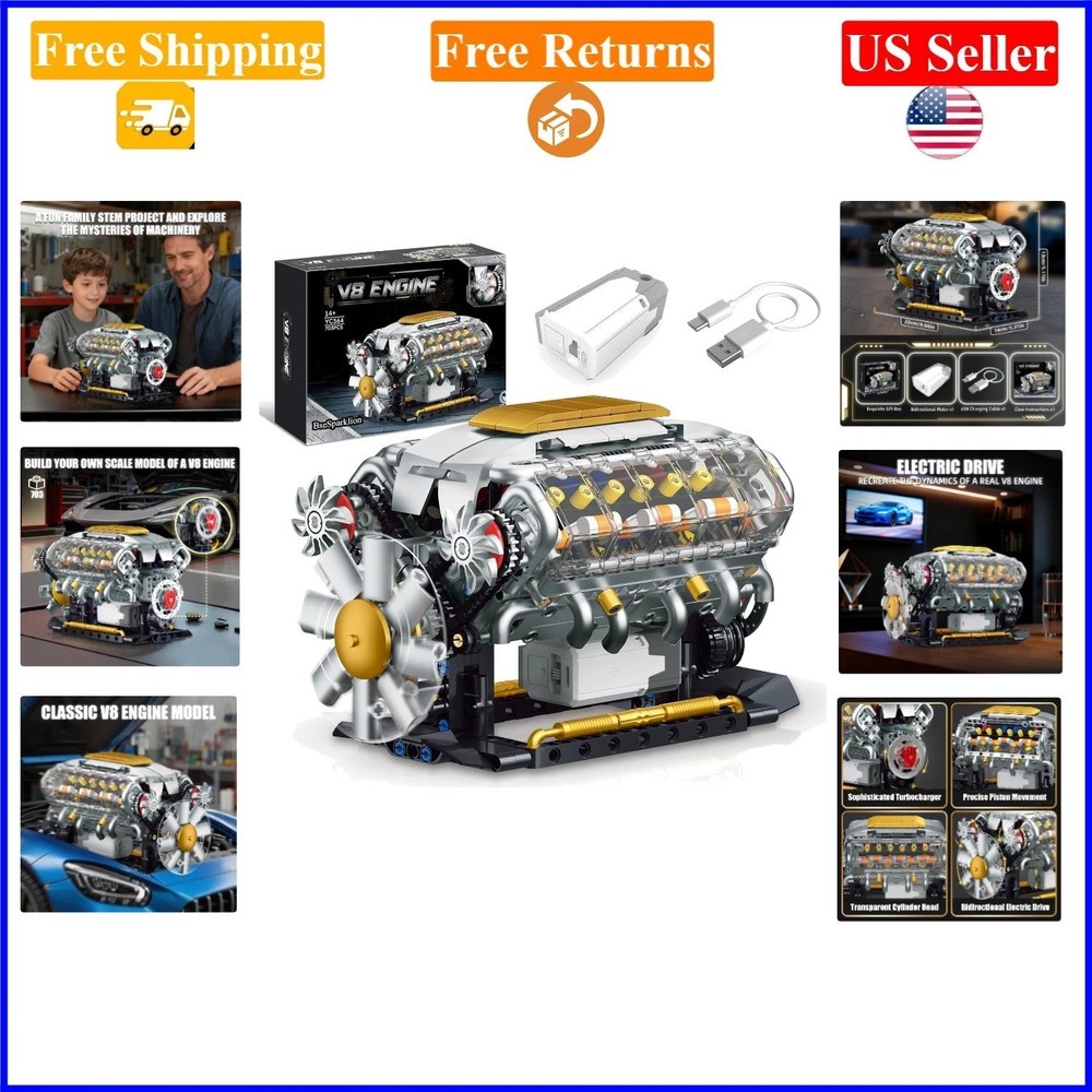 V8 Engine Model Kit with USB Motor, 703 PCS, STEM Toy for Adults & Teens