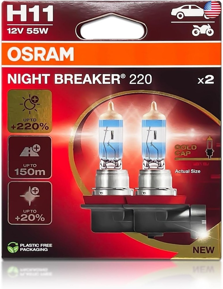 H11 Night Breaker 220 Halogen Headlight Bulbs 64211NB220-2HB 3900K 12V 62W