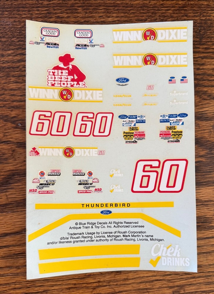 Nascar Mark Martin #60 Winn Dixie Ford Thinderbird 1:24 Decal Blue Ridge Decals