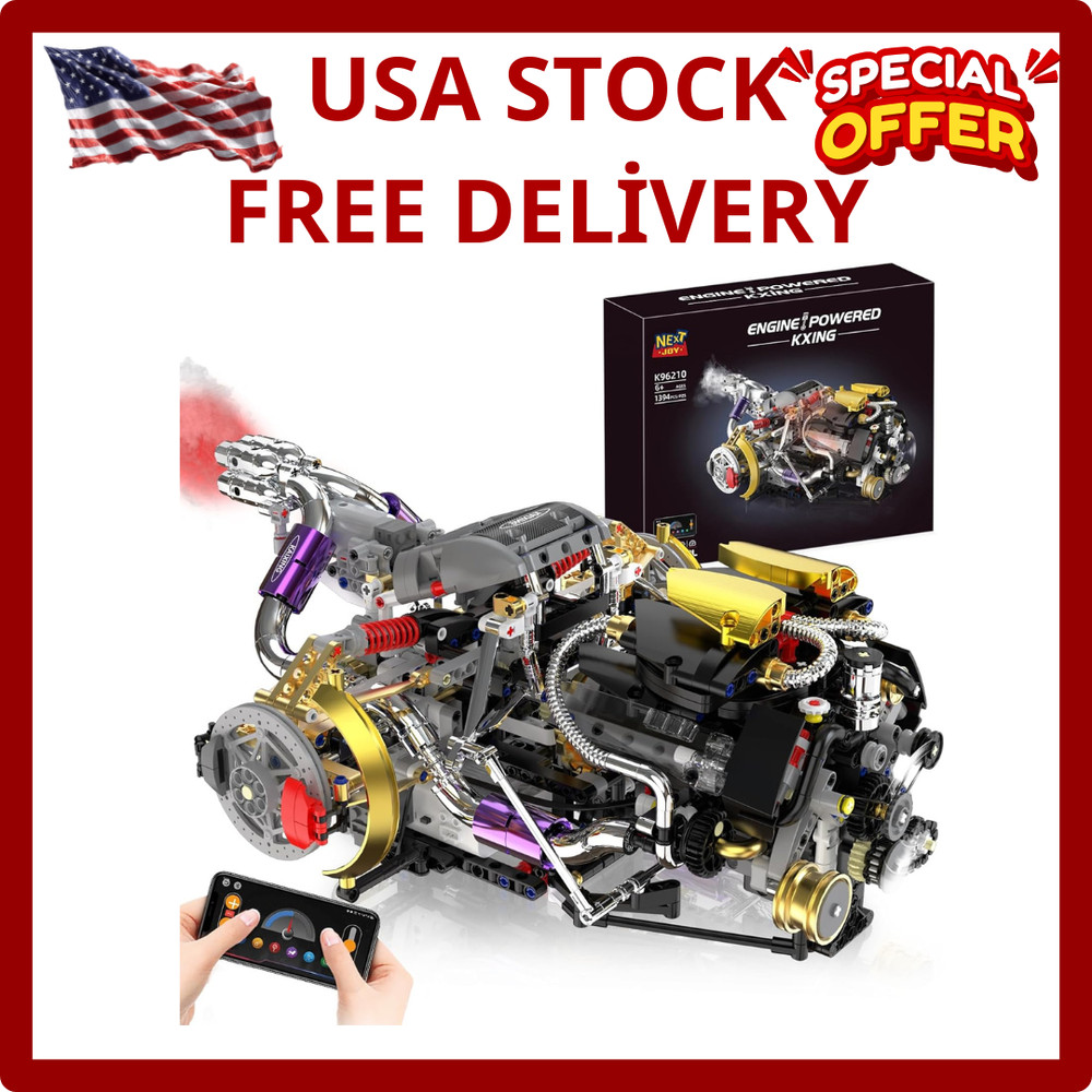 V8 Engine Model Kit That Works, 1394 PCS Advanced Collectible Engine Building Bl