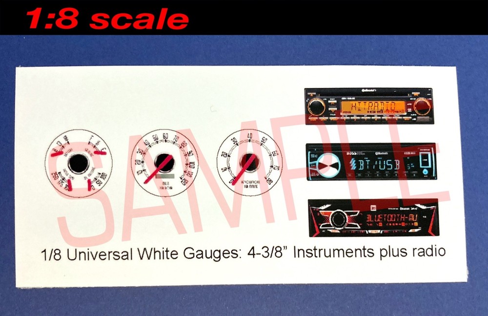 1/8 UNIVERSAL-STYLE 4-3/8″ WHITE GAUGES plus RADIO for 1/8 scale MODEL kits—READ