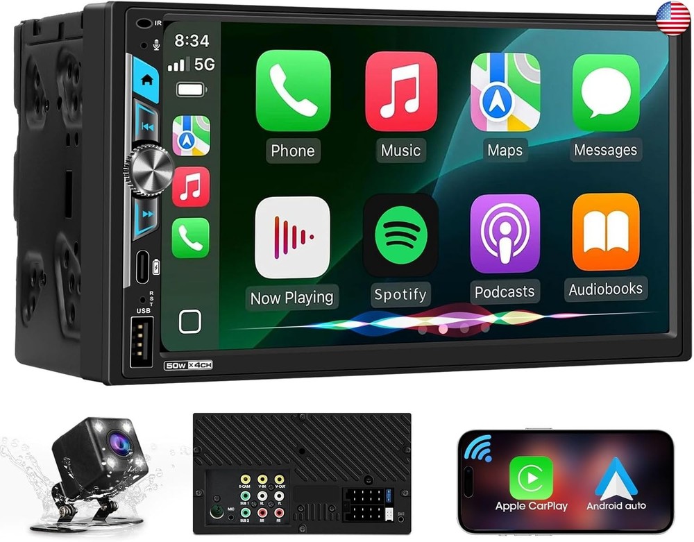 7″ Double Din Touchscreen Stereo – Wireless CarPlay Android Auto Car Radio