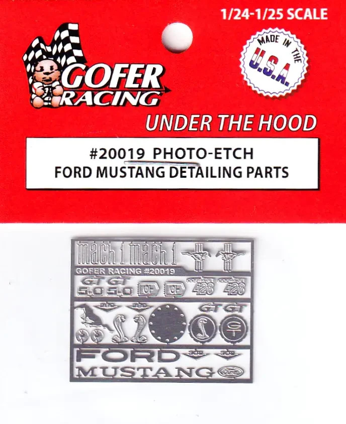 Gofer 20019 Photo-Etch Ford Mustang Badges, Scripts and Parts for models 1/25 24