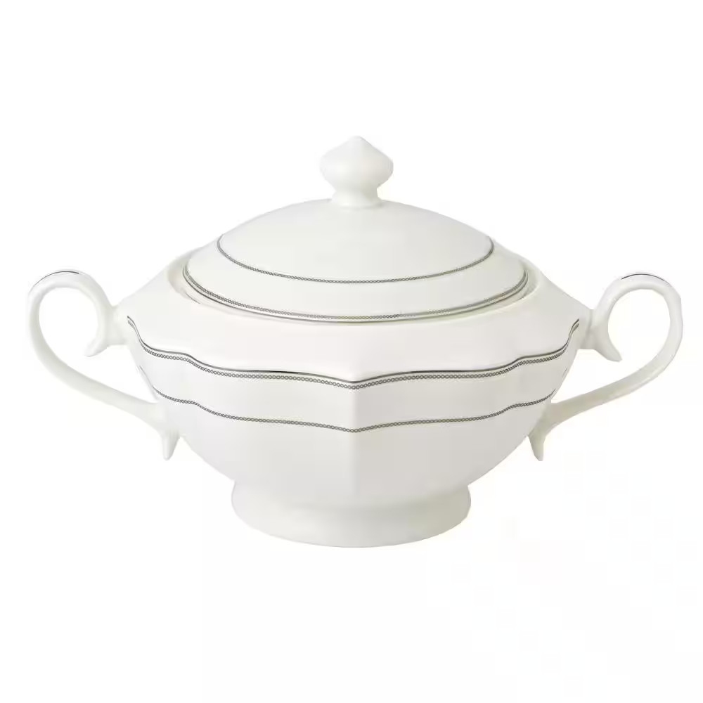 Lace 12 In. X 8.5 In. X 7 In. 4 Qt. 128 Fl. Oz. Silver Bone China Soup Tureen Se