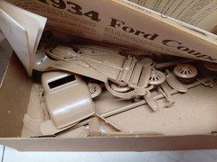 3 Vintage Model Kits ,Pyro Revell,Lindberg, 56 Caddy,34 Ford Coup,bugatti
