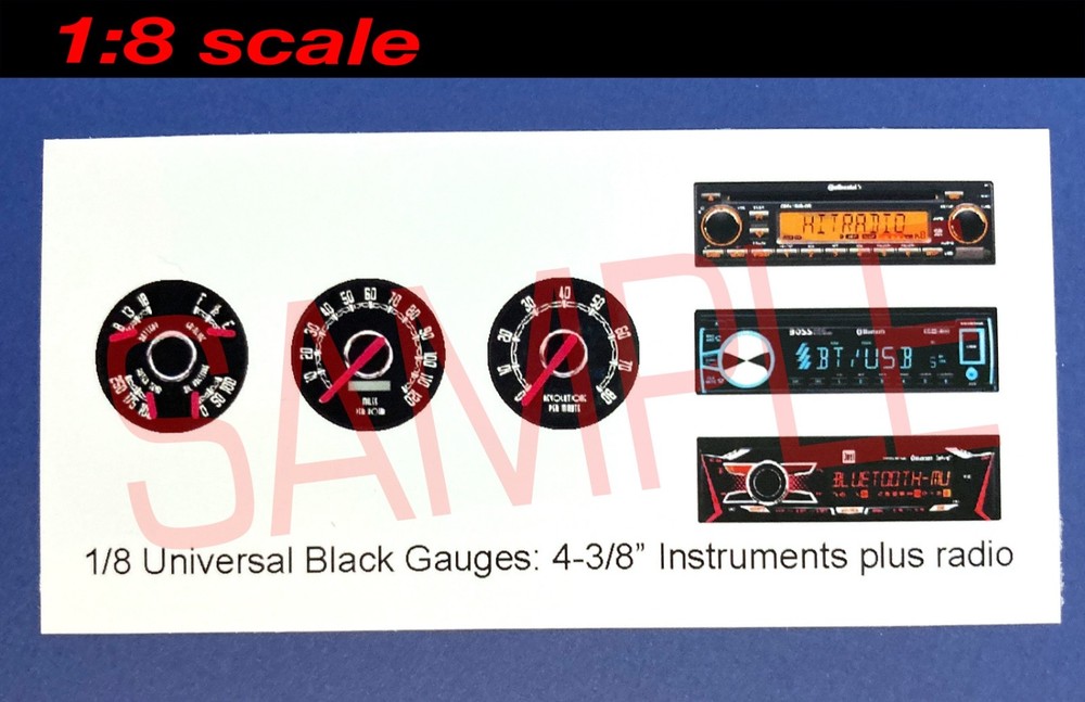 1/8 UNIVERSAL-STYLE 4-3/8″ BLACK GAUGES plus RADIO for 1/8 scale MODEL kits—READ