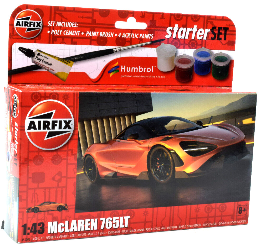 Airfix McLaren 765LT W/ Glue, Paints, Brushes Set 1:43 Car Model Kit A55006