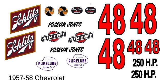 #48 Possum Jones1957-59 Schiltz Chevy 1/24th – 1/25th Scale Waterslide Decals