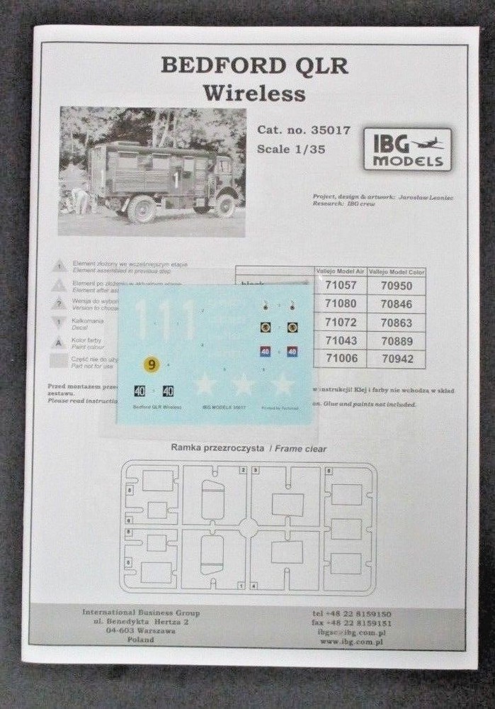 IBG 1/35th Scale Bedford QLR Wireless Decals & Directions from Kit No. 35017