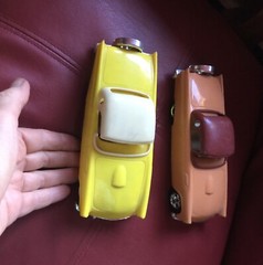 2 Simms 57 T Bird Plastic Vintage Cars Yellow Brown Wheels Roll Aurora Illinois