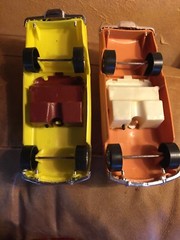 2 Simms 57 T Bird Plastic Vintage Cars Yellow Brown Wheels Roll Aurora Illinois