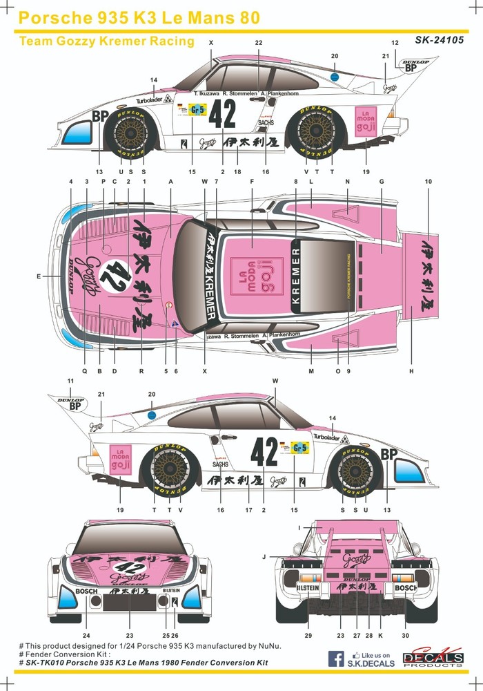 S.K. Decals SK24105 Porsche 935 K3 Le Mans 24Hr 1980 Team Grozzy #42 Decal Sheet