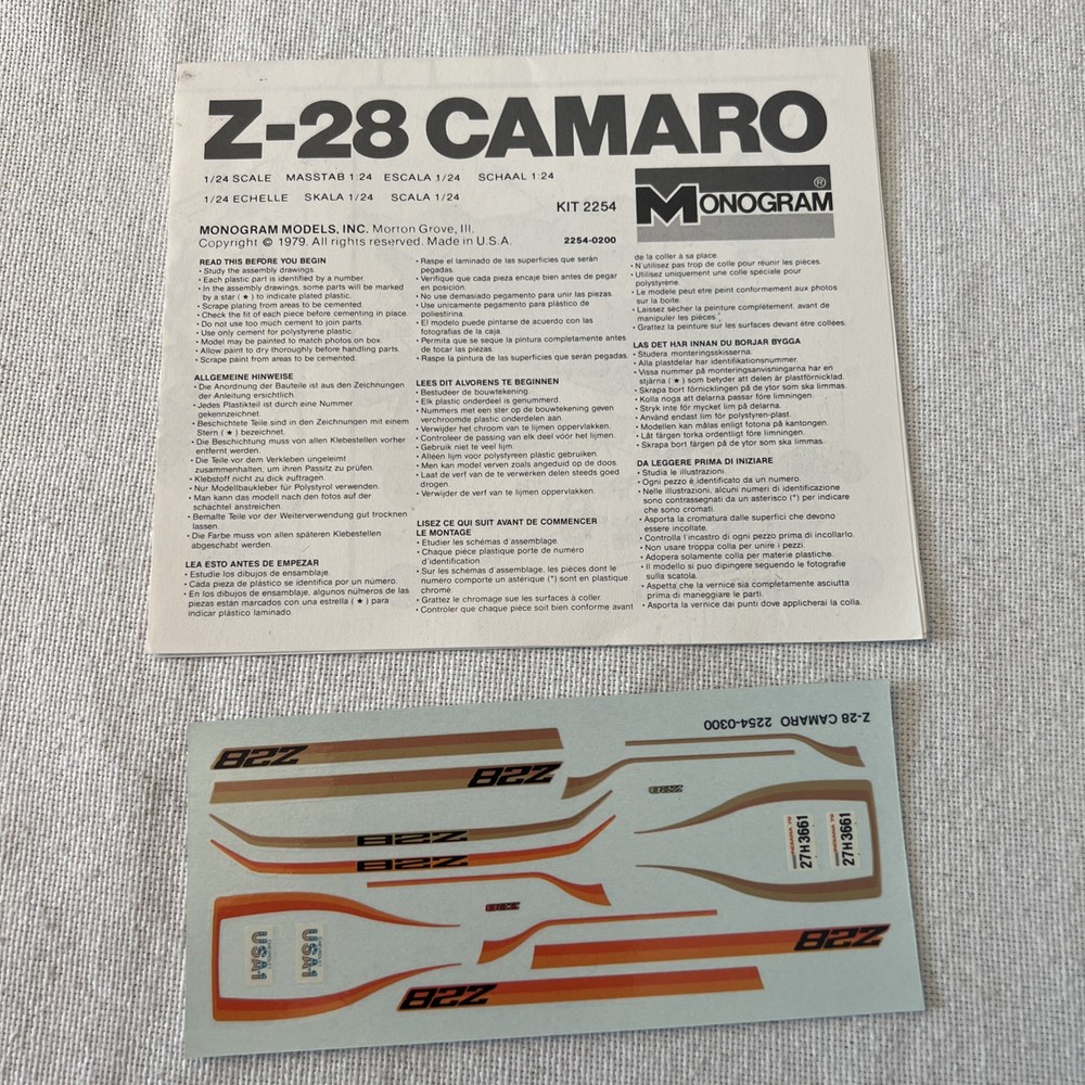 Monogram Chevy Camaro Z-28 #2254. Decal & Instru. Sheet Only