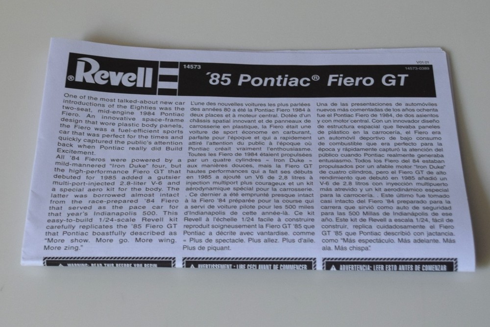 REVELL 1985 PONTIAC FIERO GT 14573 ⭐PARTS⭐ INSTRUCTION BOOKLET 1:24