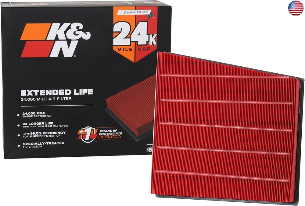 K&N Engine Air Filter: Extended Life 24,000 Mile Replacement: Compatible