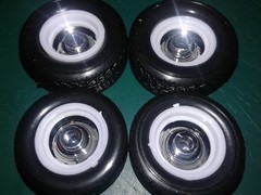 GOODYEAR BLUE STREAK TIRES CHROME REVERSE WHEELS DOG DISH HUBS ’32 FORD STREET