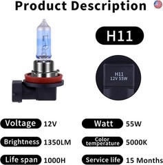 H11 Headlight Bulb Halogen Bulb 5000K Super White Light Long Life Replacement
