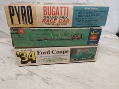3 Vintage Model Kits ,Pyro Revell,Lindberg, 56 Caddy,34 Ford Coup,bugatti