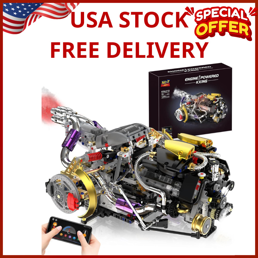 V8 Engine Model Kit That Works, 1394 PCS Advanced Collectible Engine Building Bl