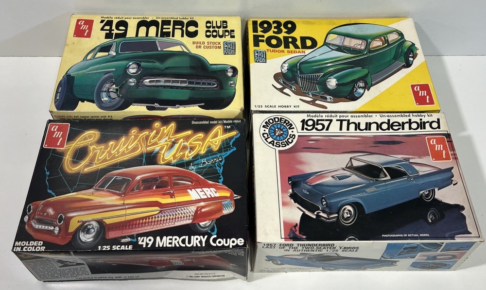 1/25 AMT Lot Of 4 Vintage Car Model Kits (2) 49 Mercury, 39 Ford, 57 T-Bird