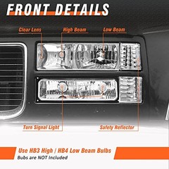 for 1994-1998 Chevy Silverado Headlights OE C-Chrome Housing Clear Reflector