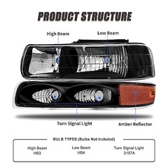 Headlight Assembly for 1999 2000 2001 2002 99-06 Black Housing Amber Reflector
