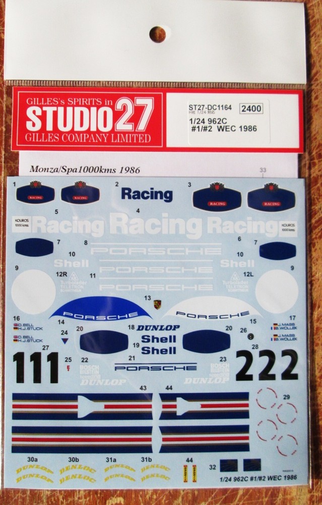 DECAL: 1/24 DC1164 1986 RACING PORSCHE 962C #1/2 WEC