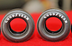 4 (GOOD/YEAR PAD PRINTED WIDE RACING SLICKS AND 2 MATCHING FRONT 1/25 SCALE