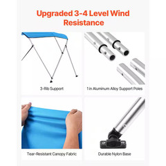 3 Bow Boat Bimini Tops, Durable Polyester Canopy with Aluminum Frame, Water-Resi