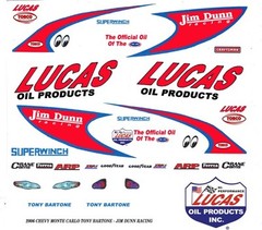Jim Dunn Racing Lucas Oil Monte Carlo 1/24th Scale Waterslide NHRA Decals