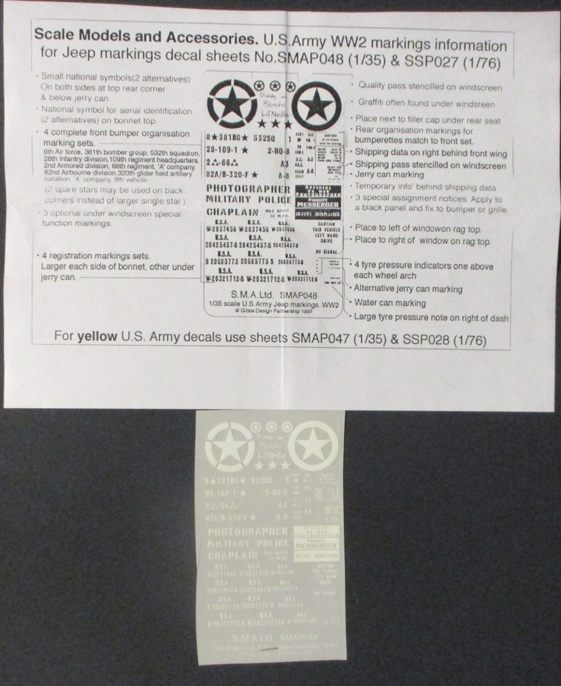 Scale Models & Accessories 1/35th & 1/76th US Army WW2 Markings for Jeep