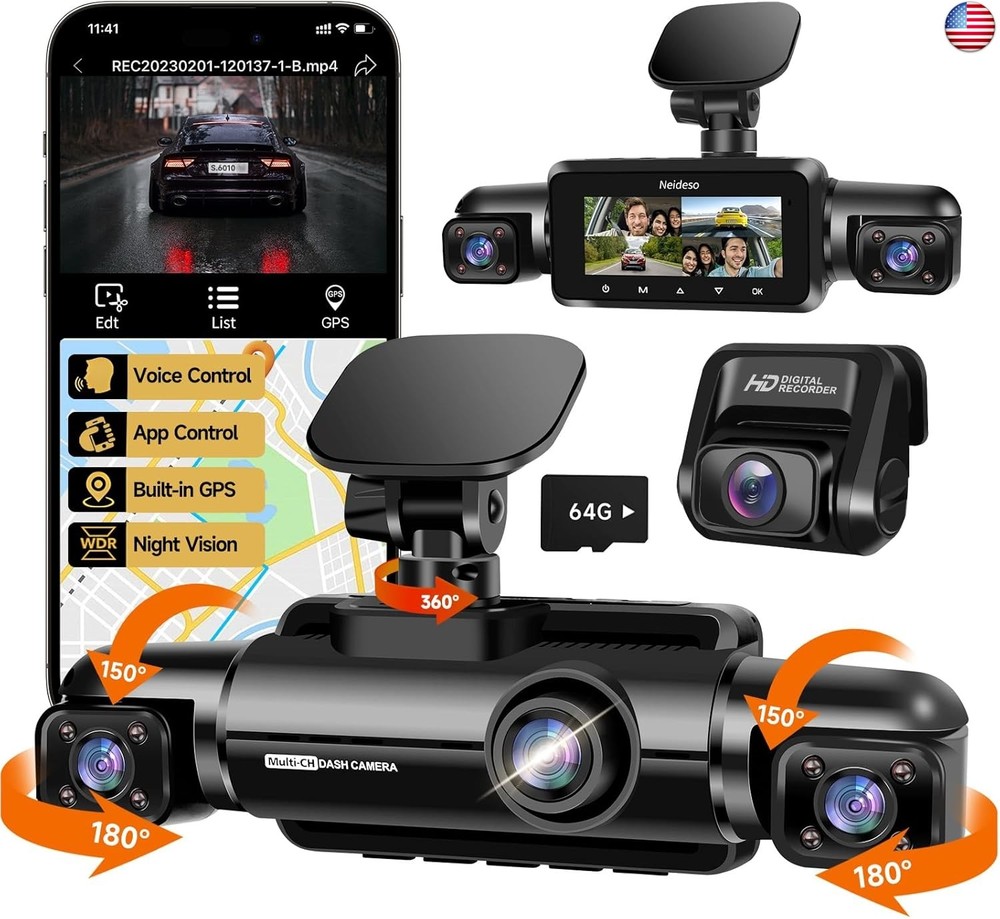 360° Dash Cam Front and Rear Inside, 4 Channel FHD 4 * 1080P, Wi-Fi GPS Voice