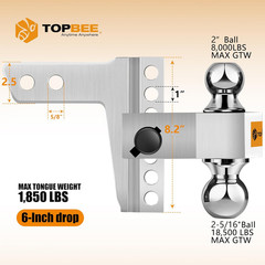Adjustable Trailer Hitch, Drop Hitch, Tow Hitch Fits 2.5-inch Receiver, 6-inch D