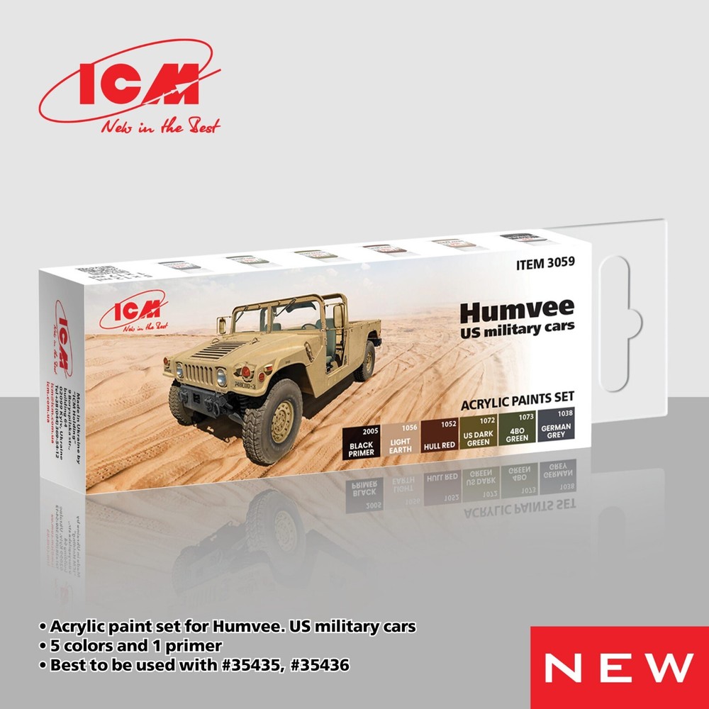 Acrylic paints set for Humvee Us military cars Grey, Brown, Green Black ICM 3059