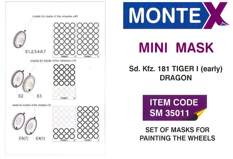 Montex 1/35 German Sd.Kfz.181 TIGER TANK (EARLY) WHEEL PAINT MASK Dragon